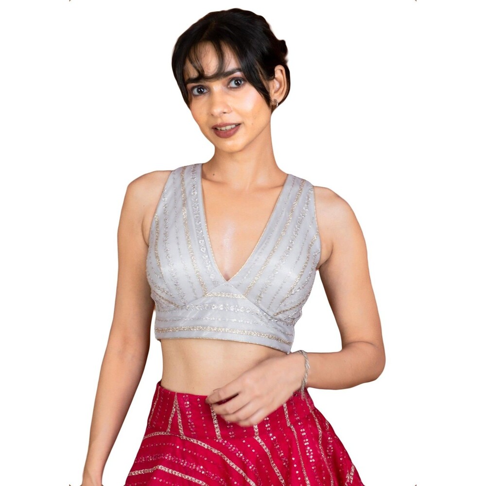 FIGURE'S DESIGNER Women's Sequin Saree Blouse Choli V Neck Sleeveless Silver